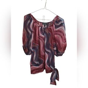 Kappahl Purple & Punk EUC Sheer Dide Tie Blouse Wavy Print Size 32/34
